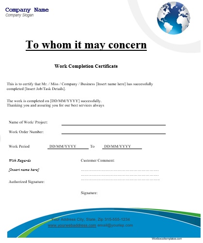 printable work completion certificate template 2