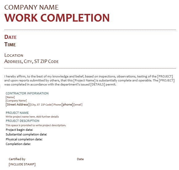 printable work completion certificate template 5