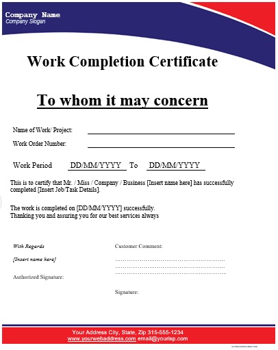 printable work completion certificate template 7