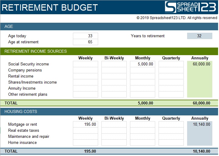 retirement budget spreadsheet