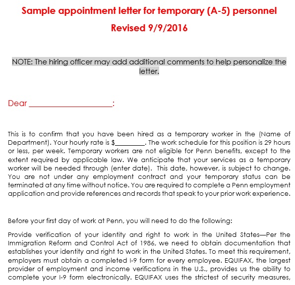sample appointment letter for temporary