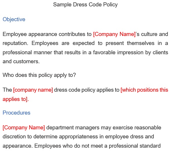 sample dress code policy