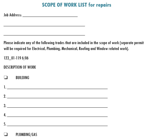 scope of work list for repairs