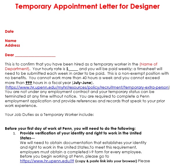 temporary appointment letter for designer
