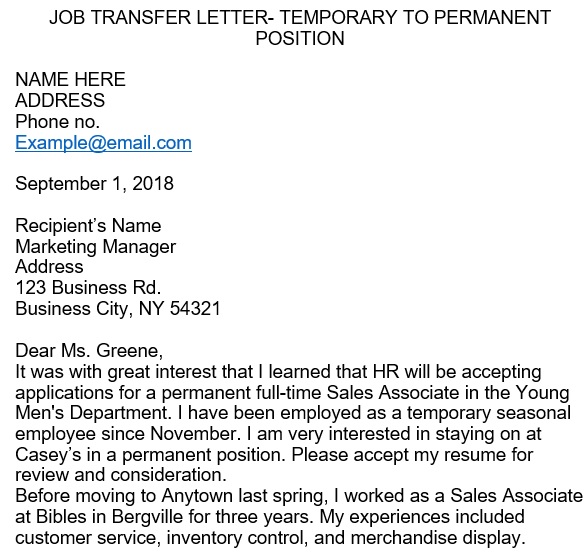 temporary to permanent employment request letter