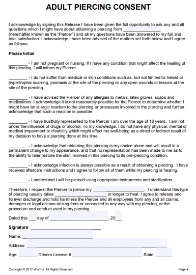 adult piercing consent form