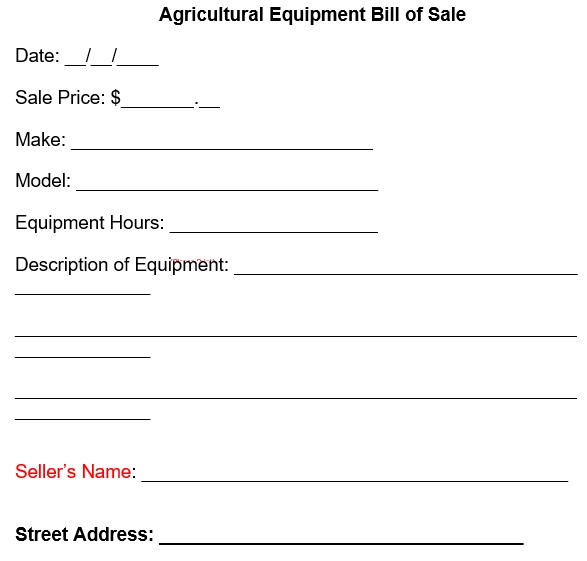 agricultural equipment bill of sale form