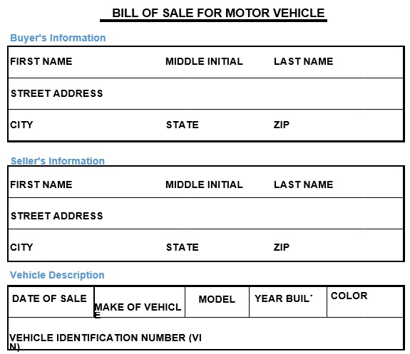 bill of sale for motor vehicle
