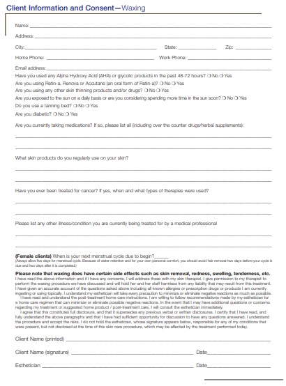 client information for waxing consent form