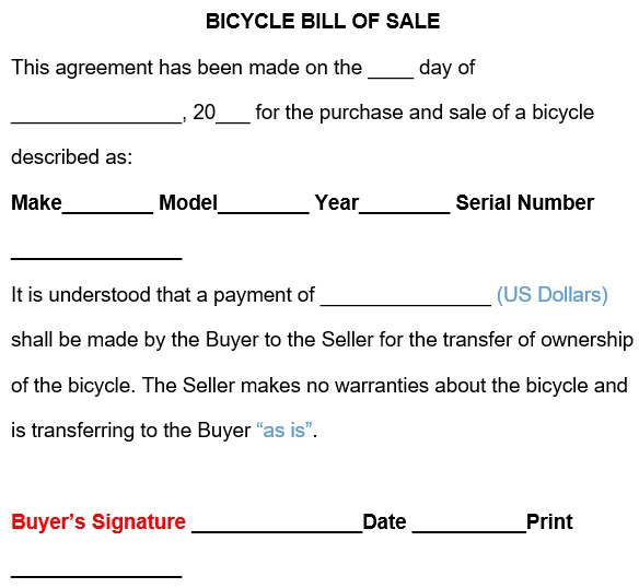 fillable blank bicycle bill of sale form