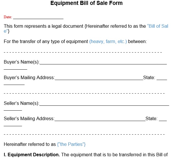 free equipment bill of sale form 1
