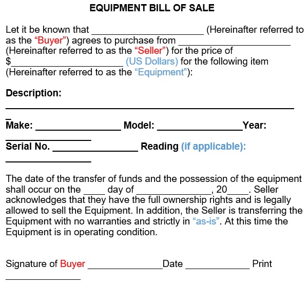 free equipment bill of sale form 2