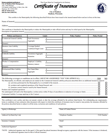 free printable certificate of insurance template