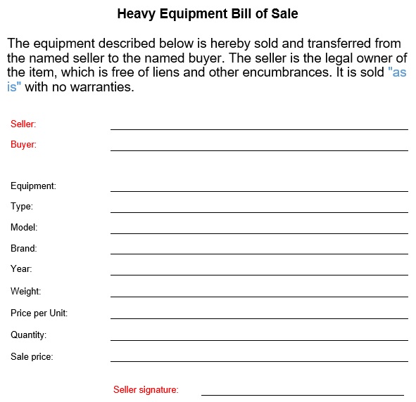 heavy equipment bill of sale form