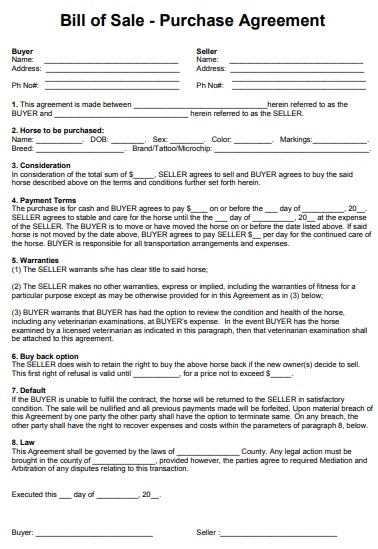 horse bill of sale purchase form