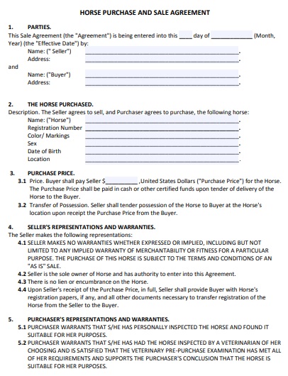 horse purchase and sale agreement form