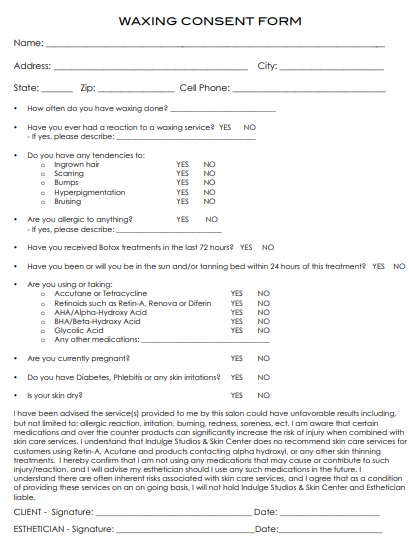 indulge waxing consent form