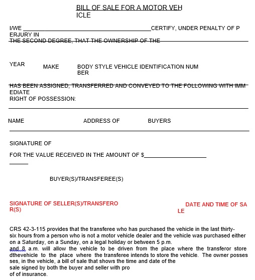 motor vehicle bill of sale form