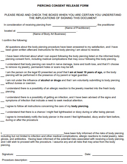 piercing consent release form