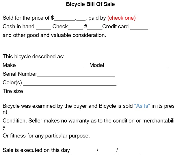 printable bicycle bill of sale form