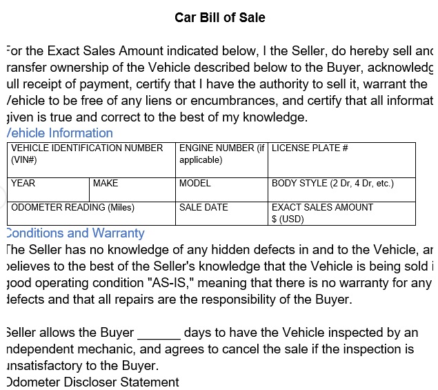 printable car bill of sale form