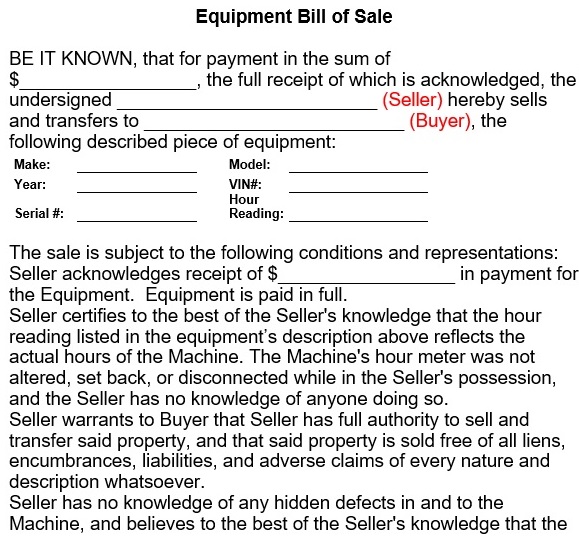 printable equipment bill of sale form