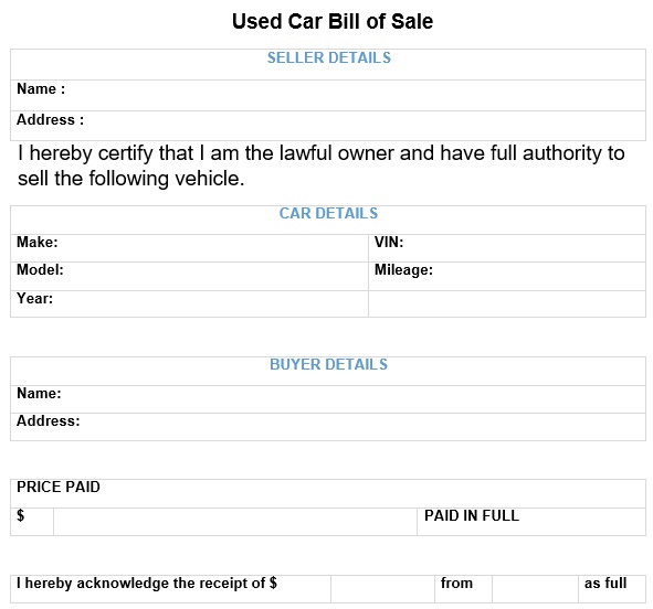 used car bill of sale form