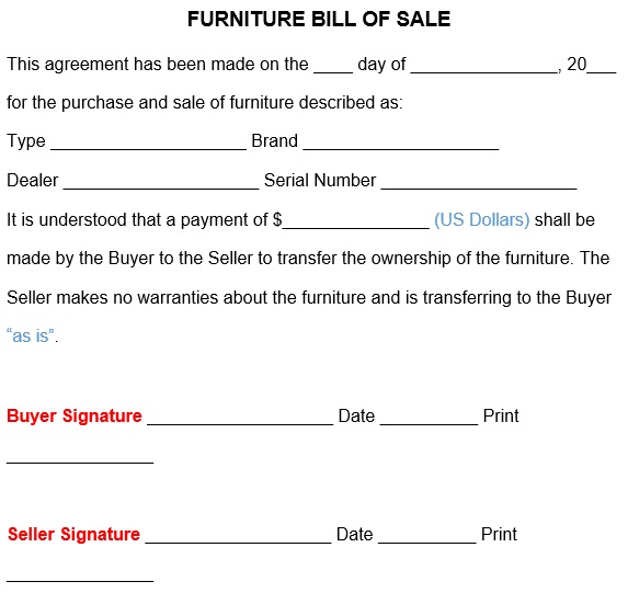 fillable blank furniture bill of sale form