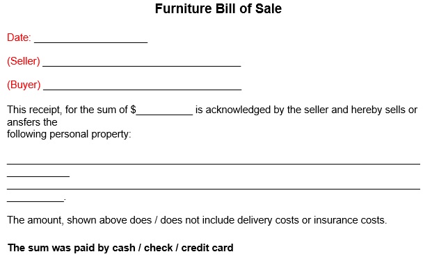 free furniture bill of sale form