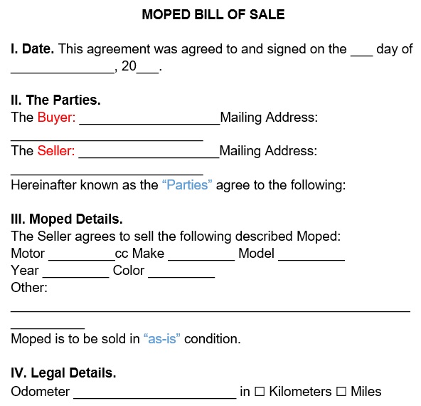 free printable moped bill of sale form