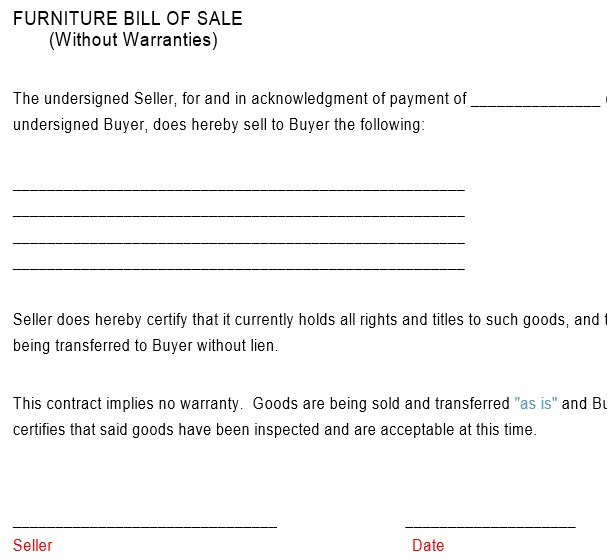 furniture bill of sale without warranties form