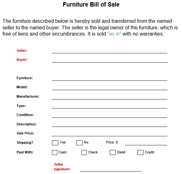 printable furniture bill of sale form