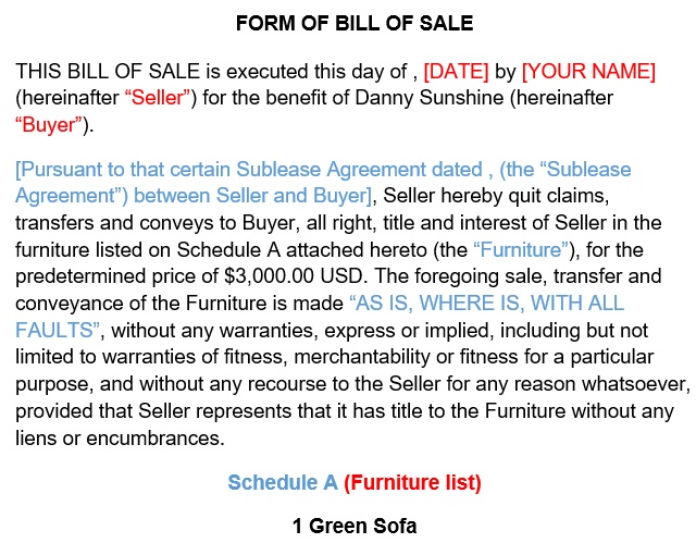 sofa furniture bill of sale form