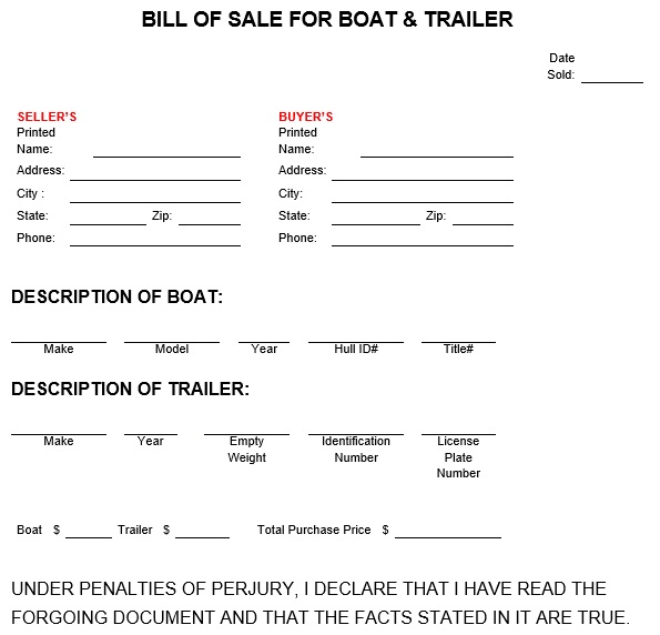 boat and trailer bill of sale form