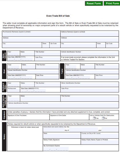 even trade bill of sale form