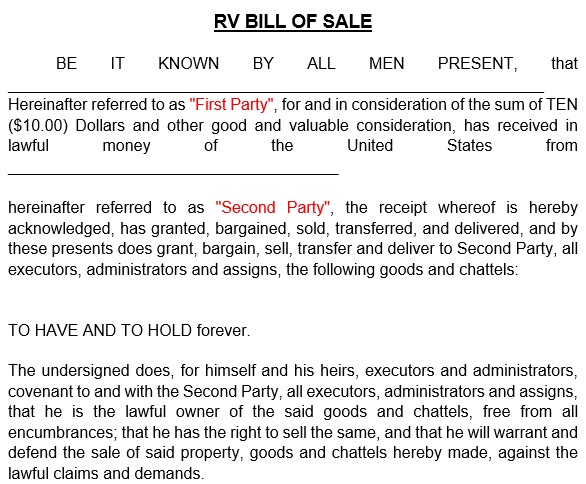 free RV bill of sale form