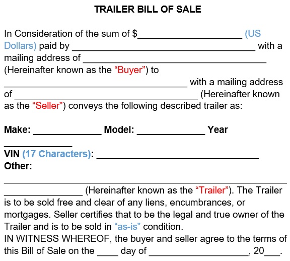 free printable trailer bill of sale form