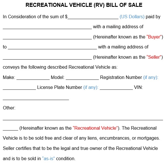 printable RV bill of sale form template