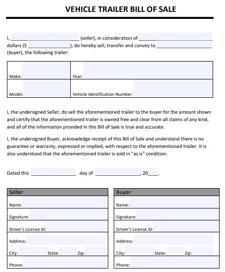 vehicle trailer bill of sale form