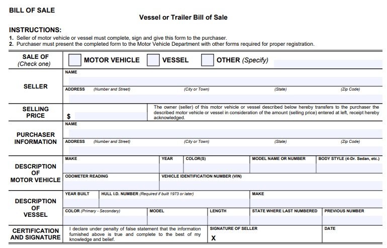 vessel or trailer bill of sale form