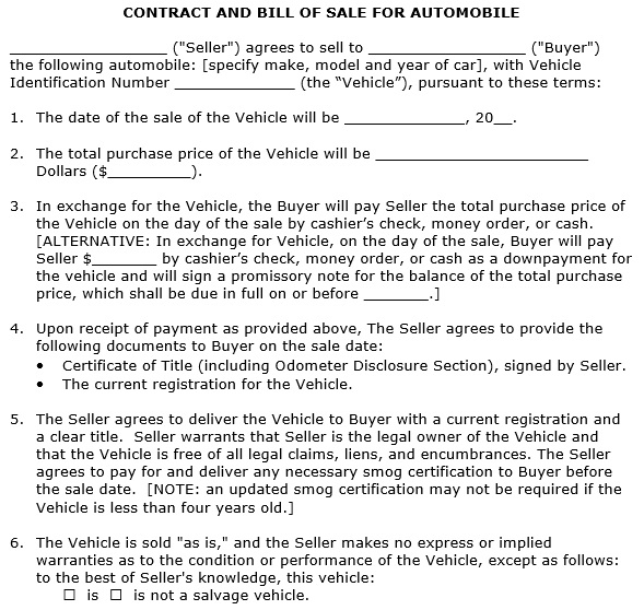 contract and bill of sale for automobile