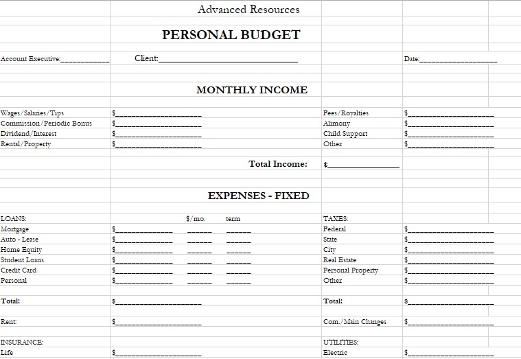 printable personal monthly budget template 1