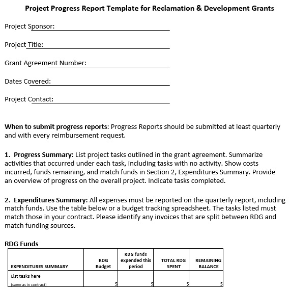 project progress report template for reclamation development grants