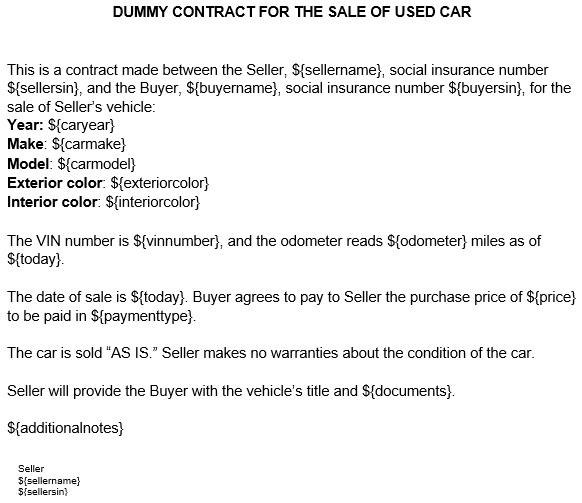 sample contract for sale of used car