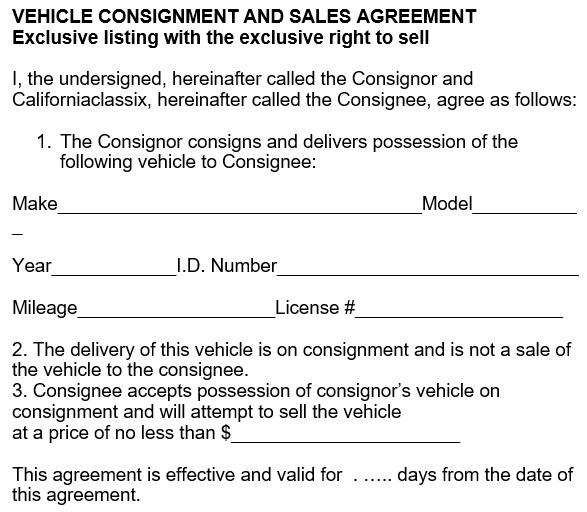 vehicle consignment and sales agreement