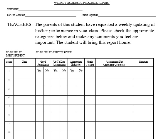 weekly academic progress report template