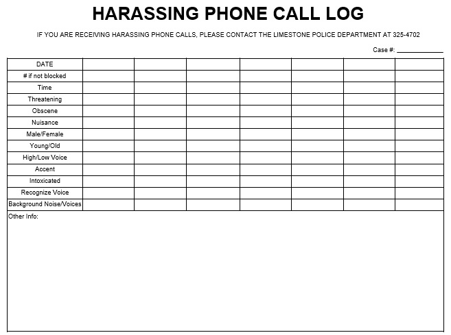 harassing phone call log template