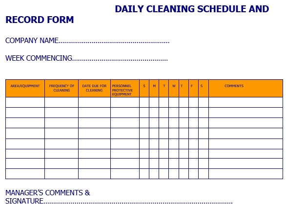 daily cleaning schedule and record form