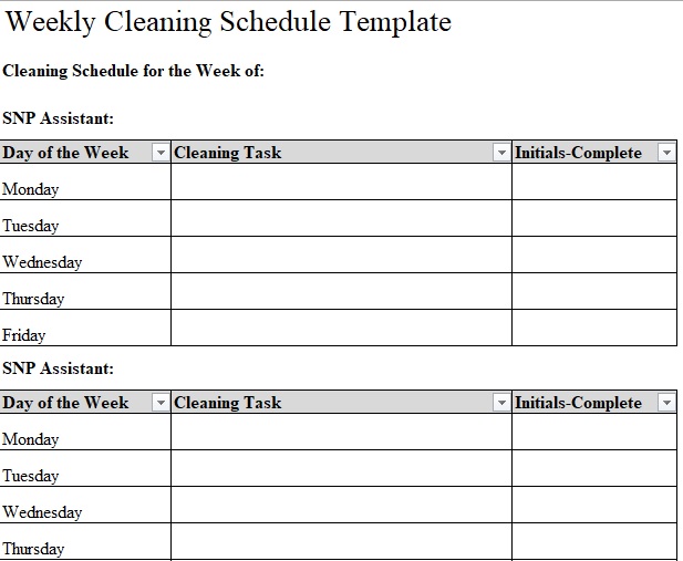 weekly cleaning schedule template