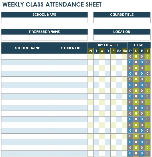 weekly class attendance sheet